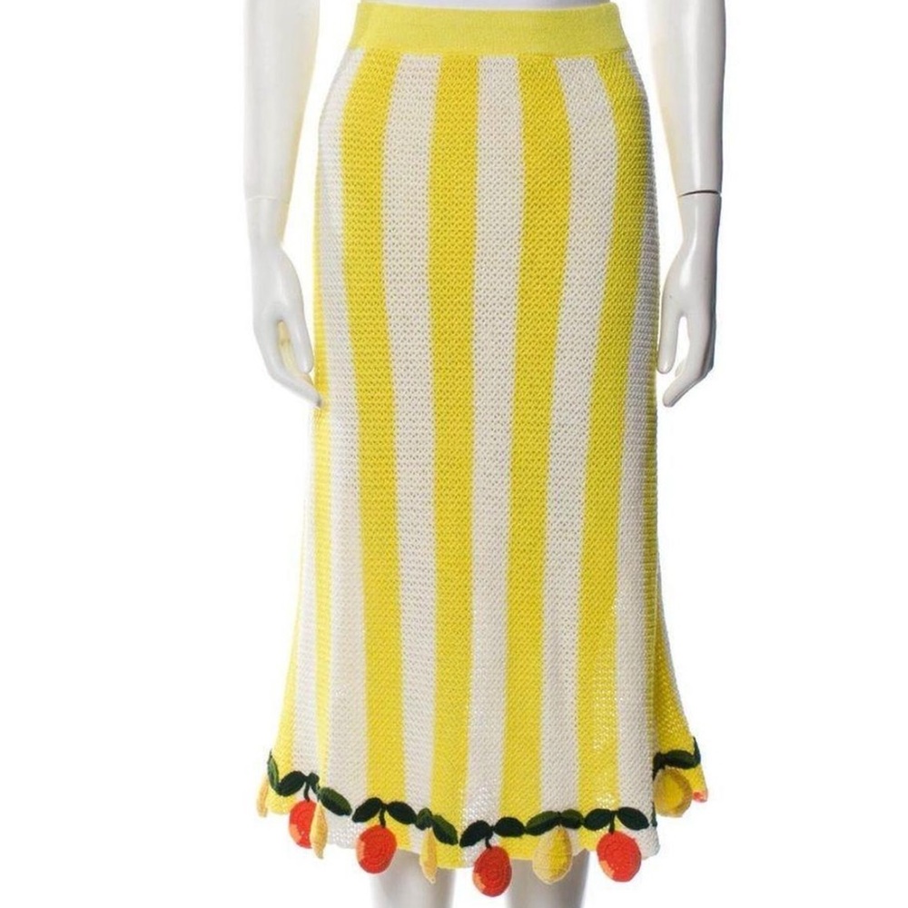 STAUD Yellow and White Striped Skirt with crochet fruit